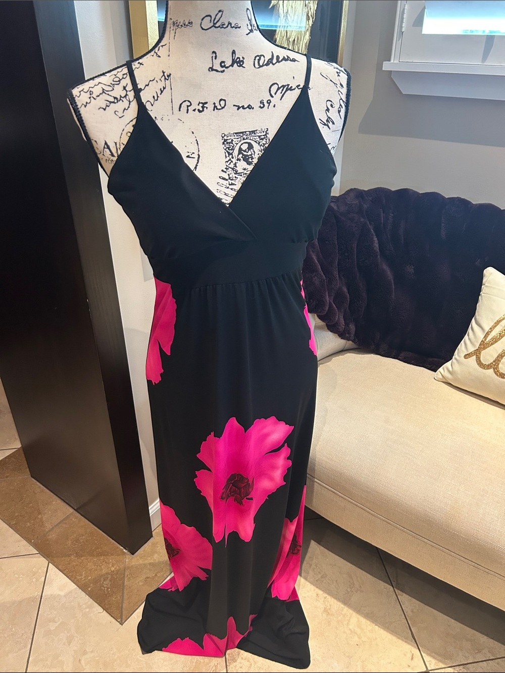 Body Central Black Maxi Dress with Bright Pink Floral Prints